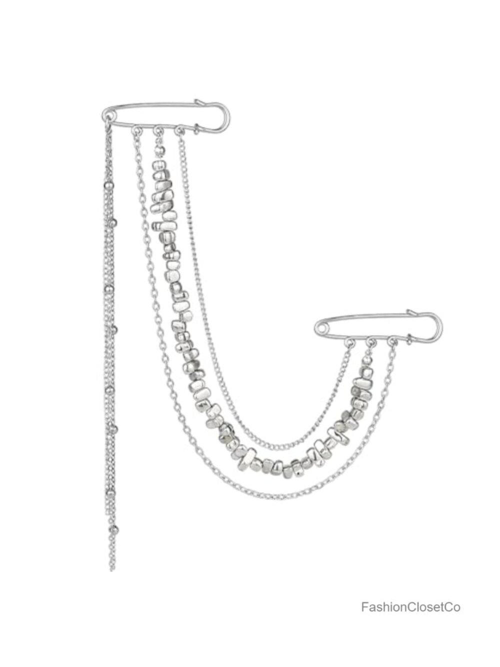 Multi-Layer Silver Long Chain Tassel Beaded Brooch Pin